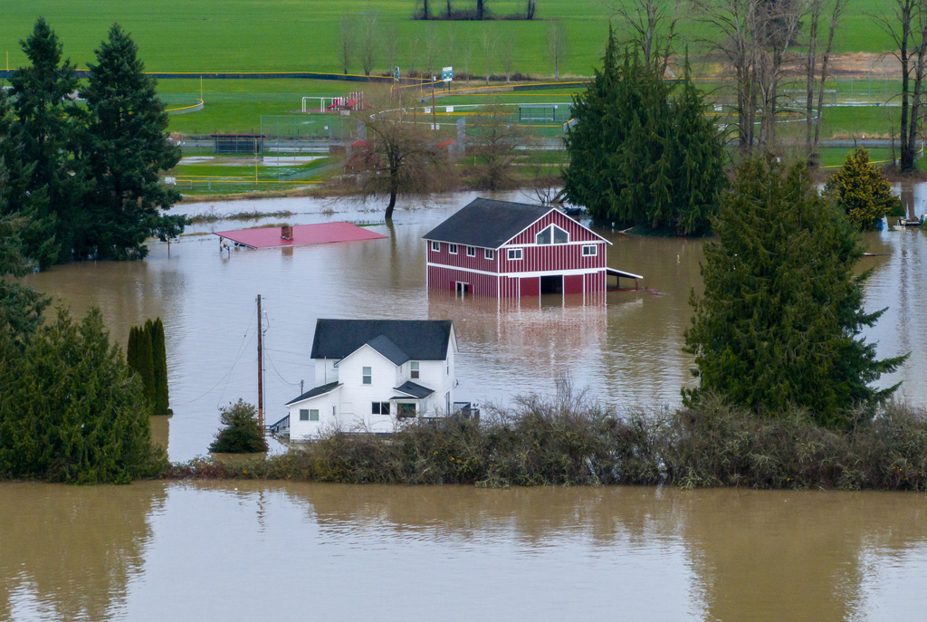 Houses standing in floodwater